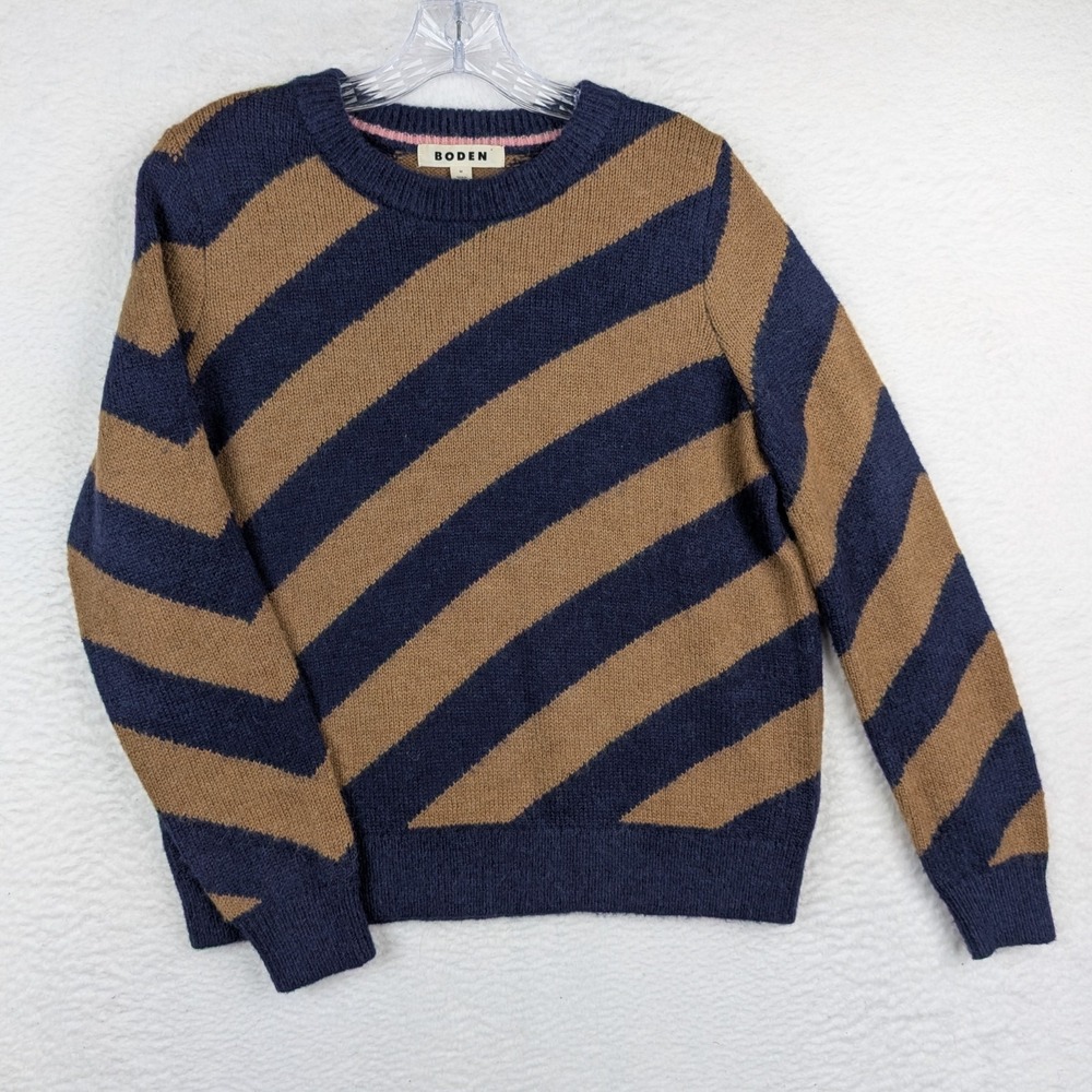 Boden Fluffy Diagonal Stripe Sweater Medium Navy Tan Wool Alpaca Mohair Jumper